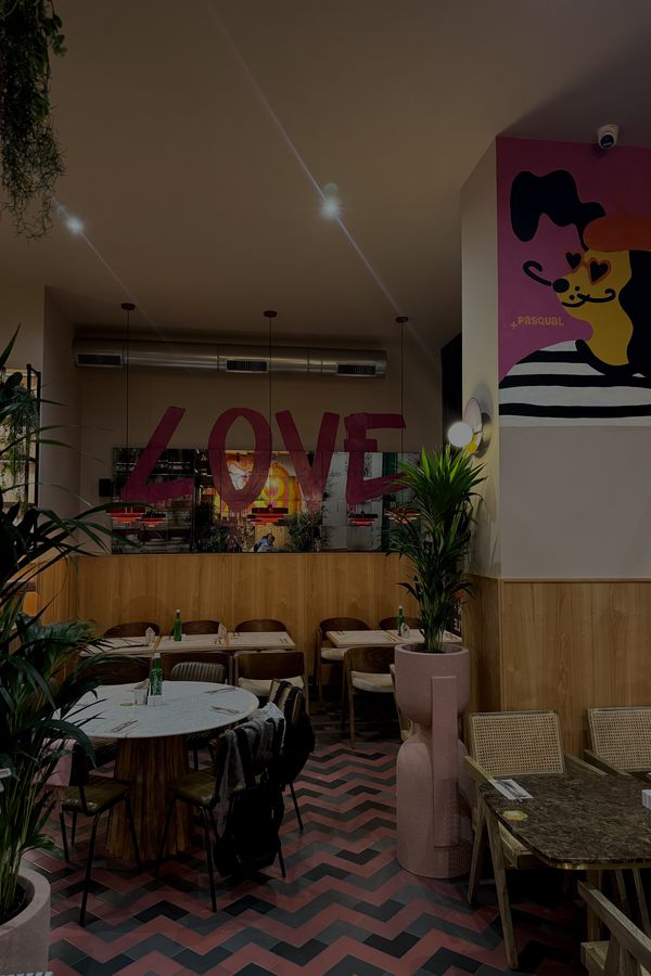 PASQUAL+SHEILA — interior with LOVE mural and pop art
